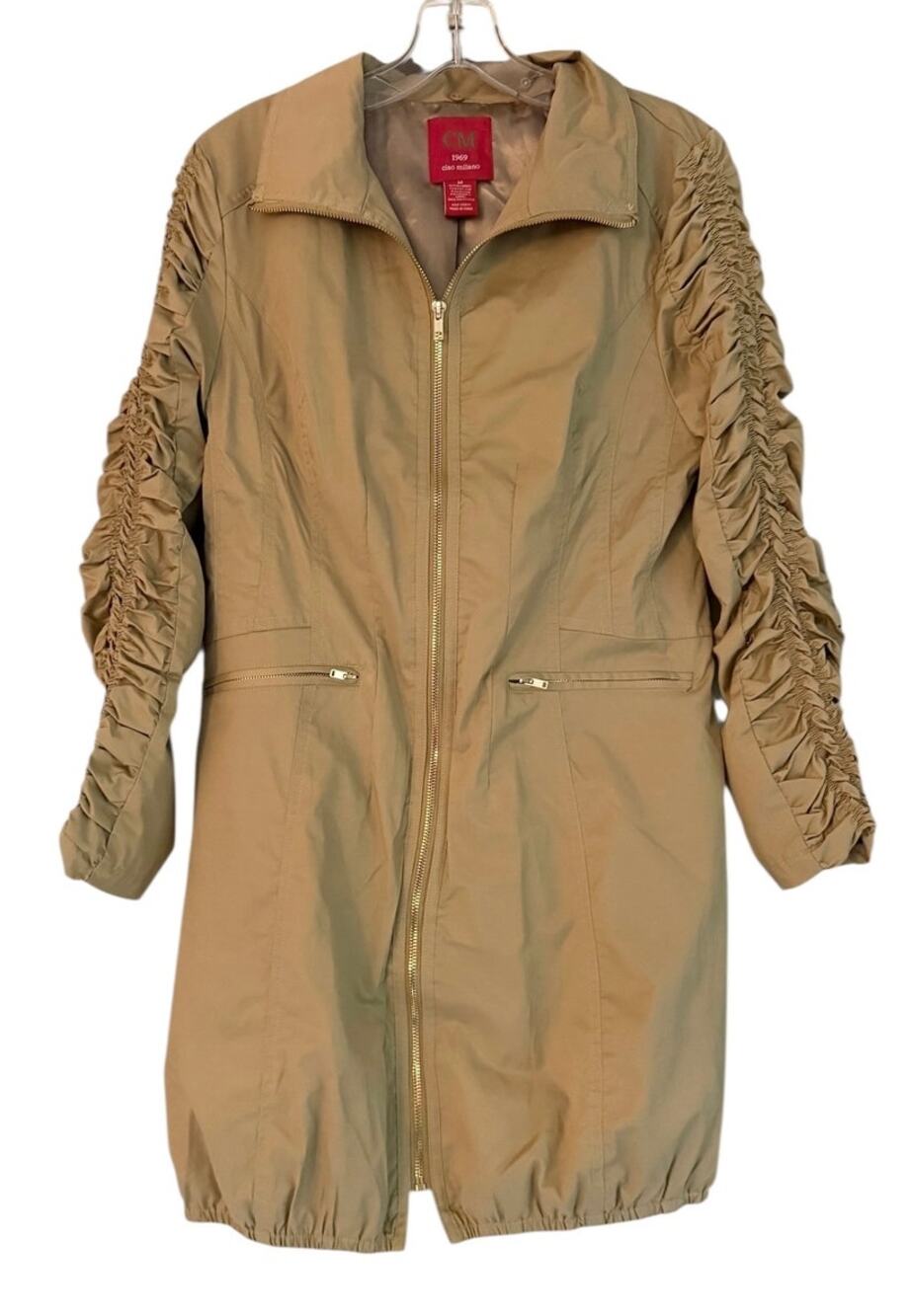 CM 1969 Ciao Milano Tan Khaki Ruched Sleeve Zip Front Raincoat Jacket M